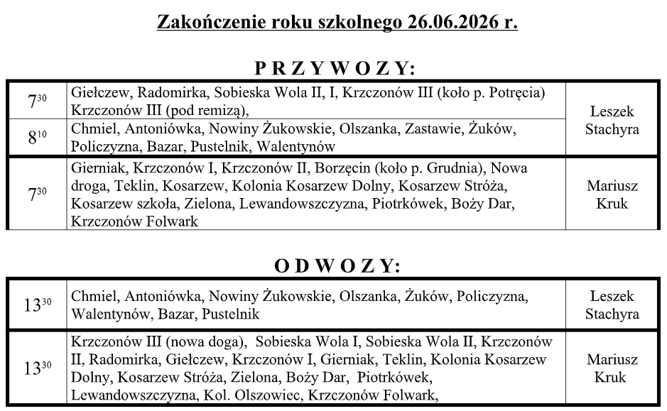 Harmonogram przywozów i odwozów