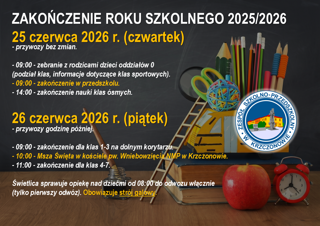 Harmonogram zakończenia roku szkolnego 2025/2026
