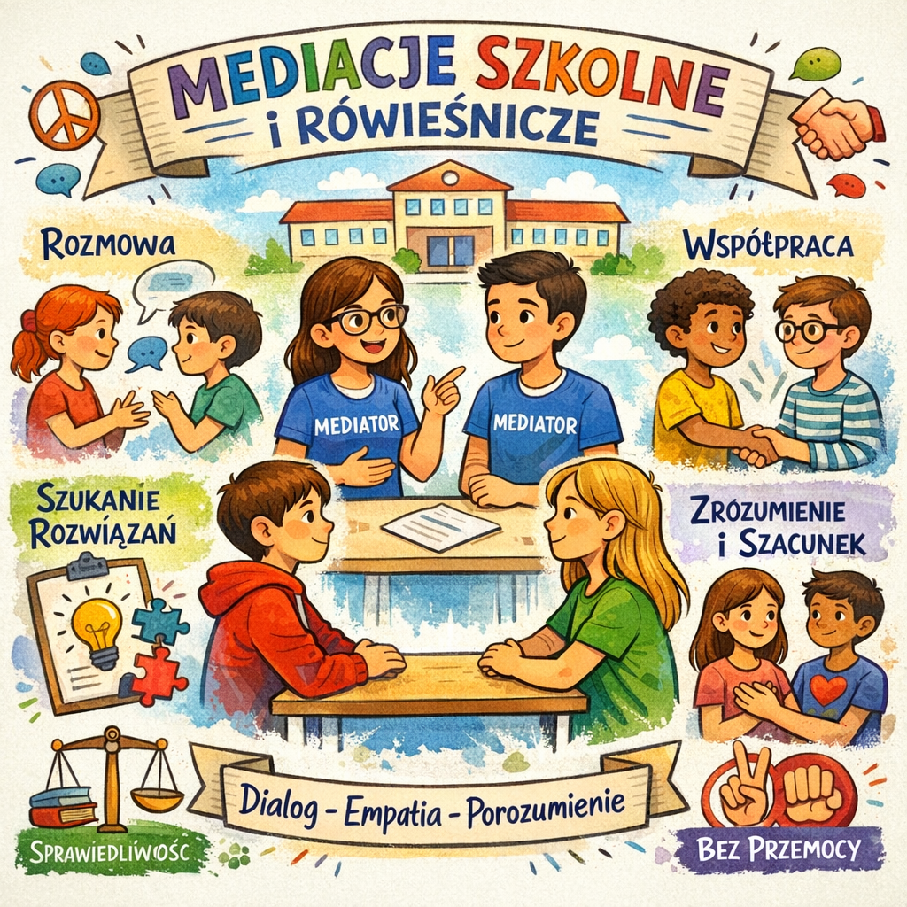 Mediacje szkolne i rówieśnicze, grafika uczniów biorących udział w mediacji.