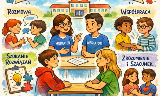 Mediacje szkolne i r&oacute;wieśnicze, grafika uczni&oacute;w biorących udział w mediacji.