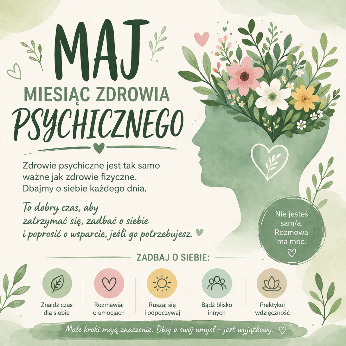 Maj- miesiąc zdrowia psychicznego, plakat informujący o zdrowiu psychicznym.